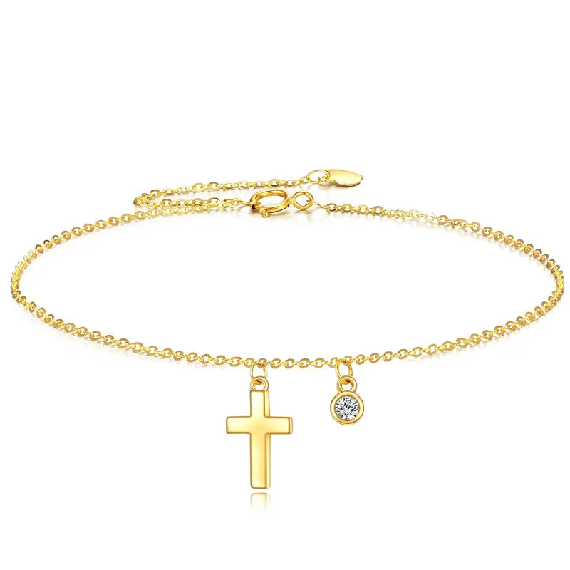 14k Gold Cross Ankle Bracelets Yellow Gold Religious Cross Anklets Fine Gold Adjustable Link Chain Anklet Jewellery Gifts for Wo