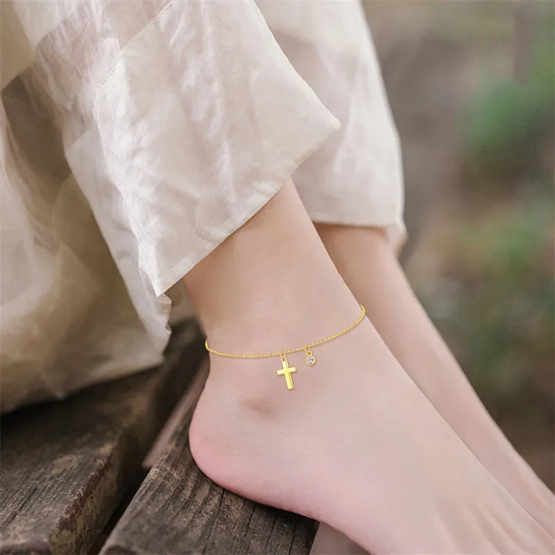 14k Gold Cross Ankle Bracelets Yellow Gold Religious Cross Anklets Fine Gold Adjustable Link Chain Anklet Jewellery Gifts for Wo