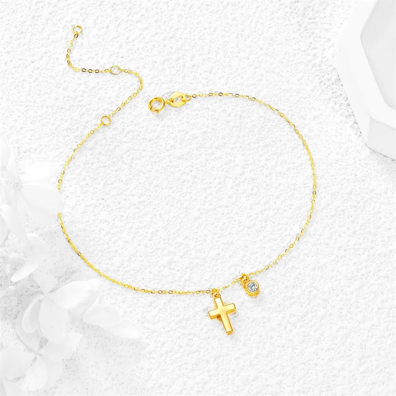 14k Gold Cross Ankle Bracelets Yellow Gold Religious Cross Anklets Fine Gold Adjustable Link Chain Anklet Jewellery Gifts for Wo