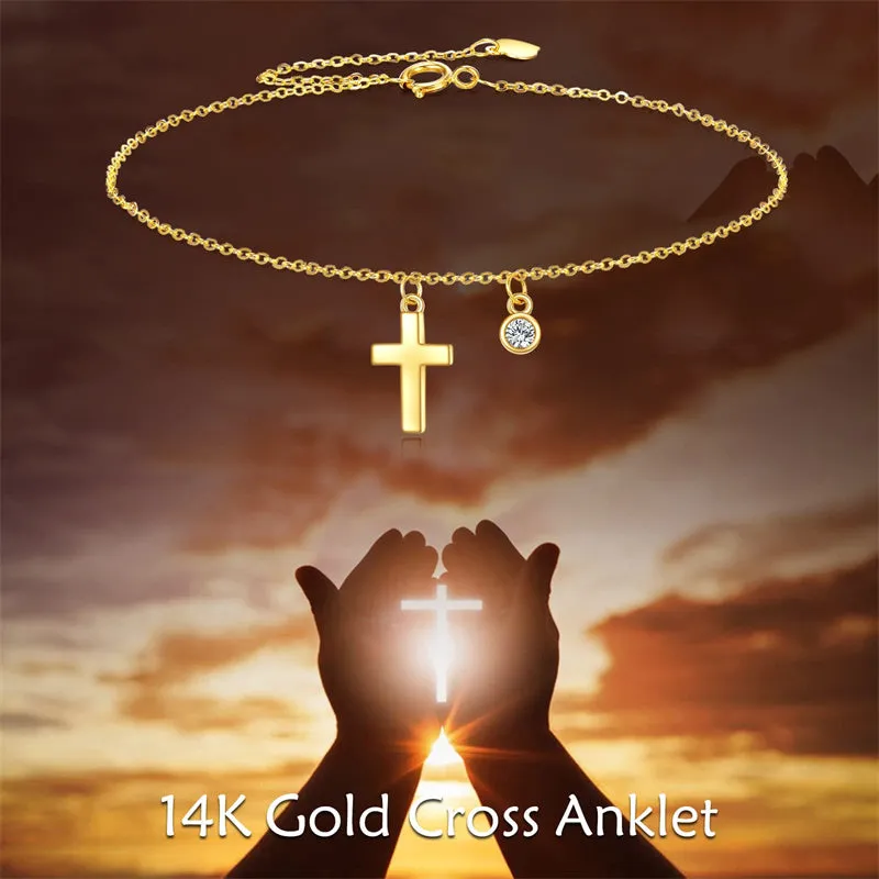 14k Gold Cross Ankle Bracelets Yellow Gold Religious Cross Anklets Fine Gold Adjustable Link Chain Anklet Jewellery Gifts for Wo