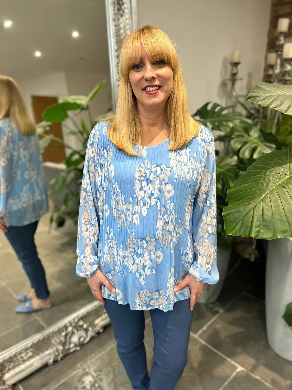 Blue Pleated Leopard Blouse Charlotte