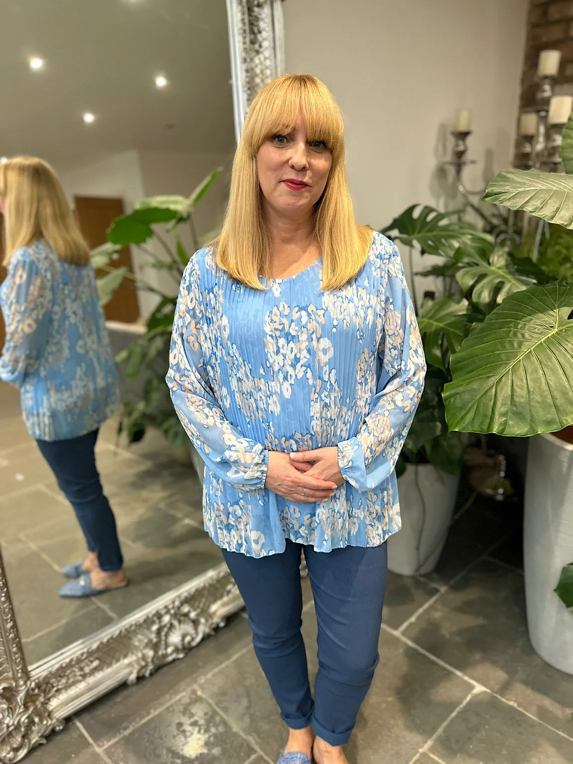 Blue Pleated Leopard Blouse Charlotte