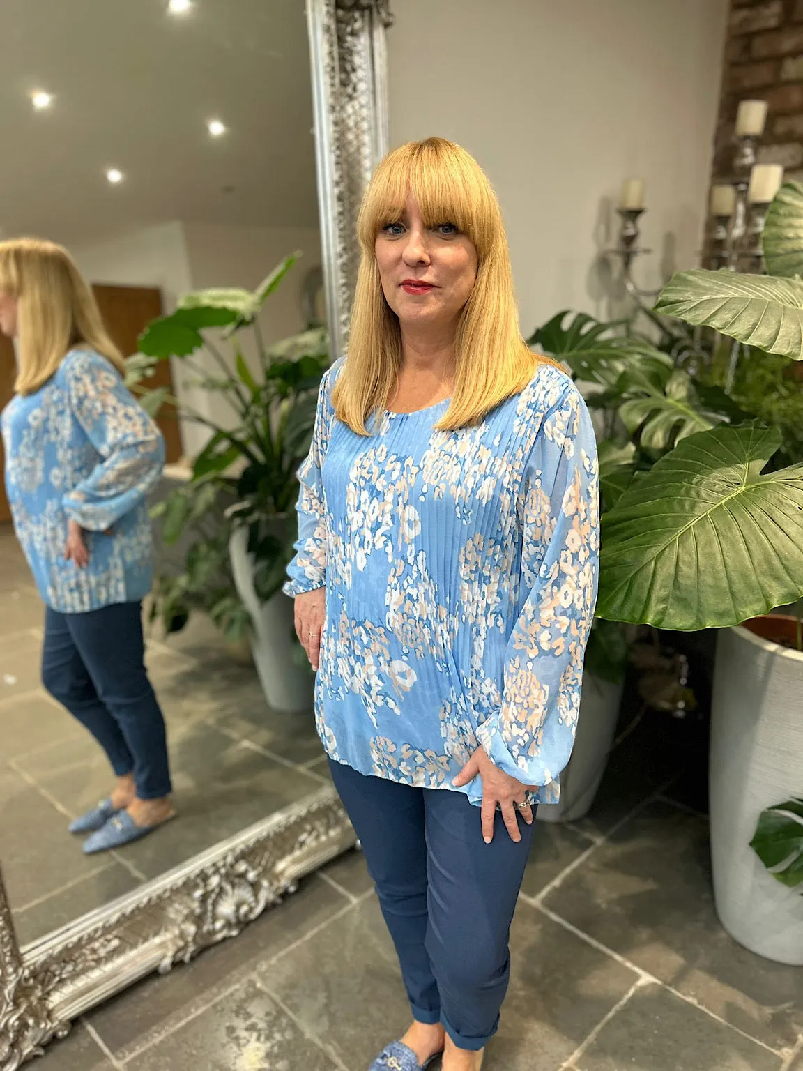 Blue Pleated Leopard Blouse Charlotte