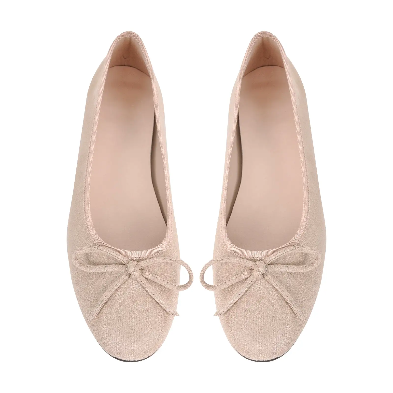 Bow Round Toe Suede Natural Ballet Flats