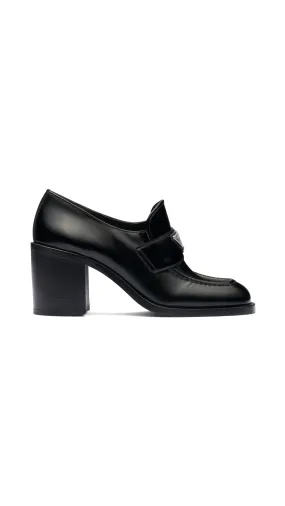 Brushed Leather High-heel Loafers - Black