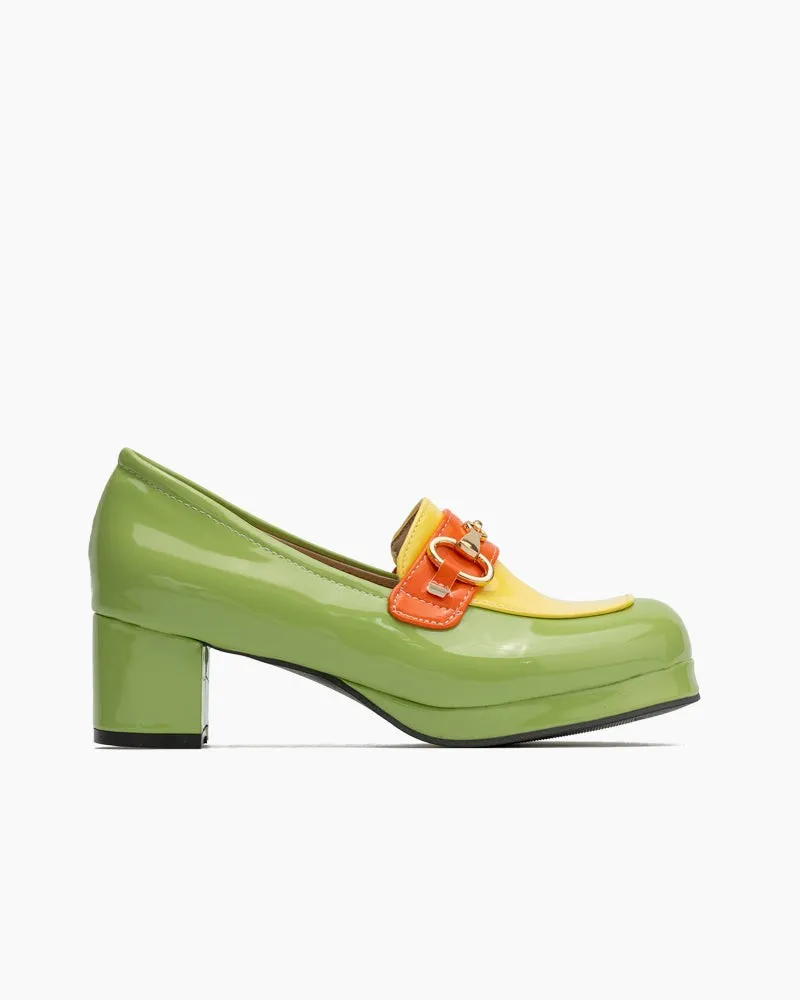 Classic Metal Buckle Colorblock Chunky Heeled Loafers