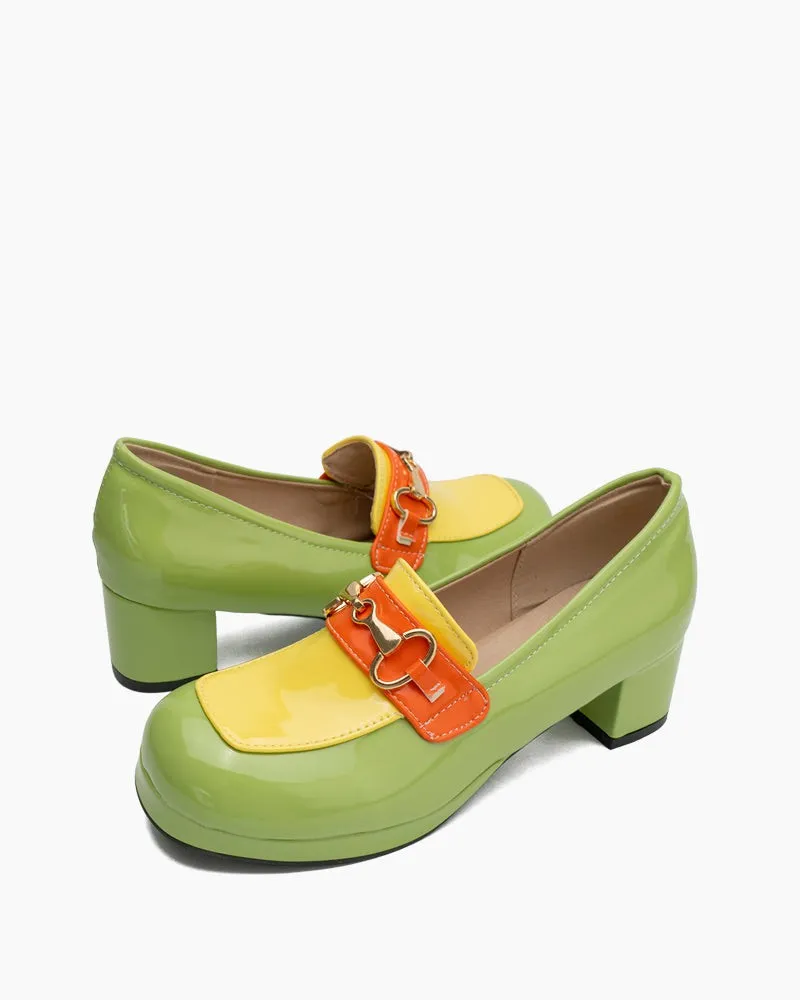 Classic Metal Buckle Colorblock Chunky Heeled Loafers