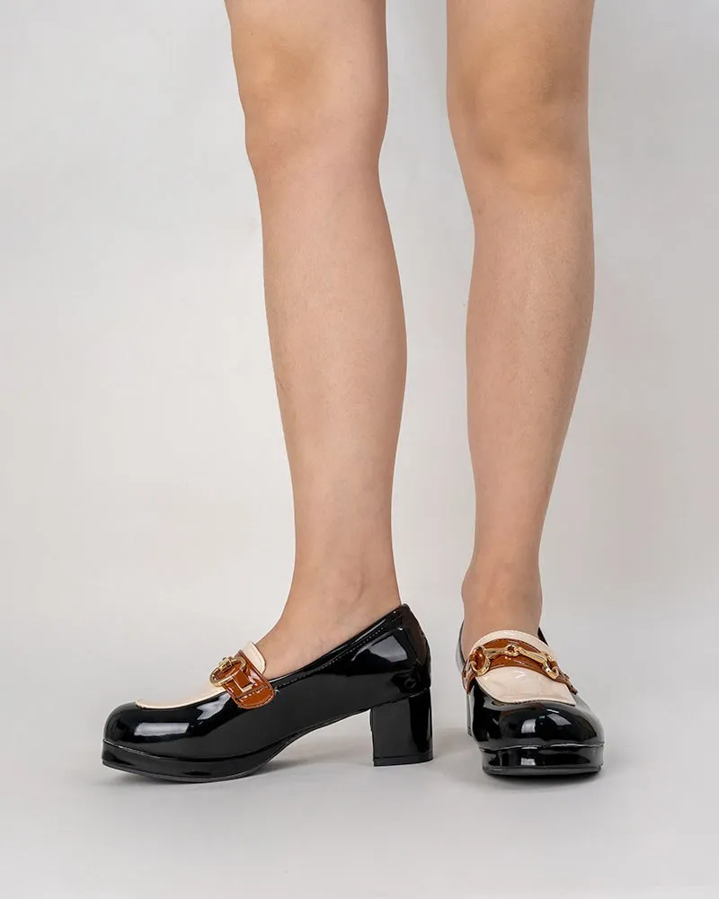 Classic Metal Buckle Colorblock Chunky Heeled Loafers