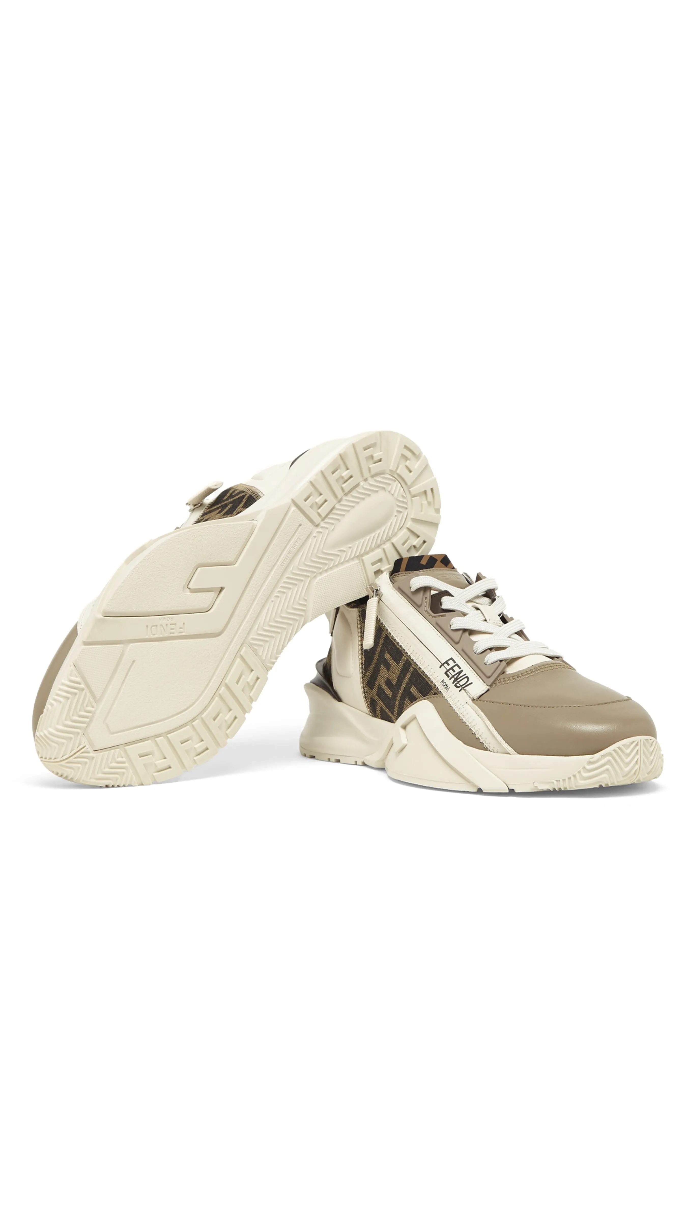 Fendi Flow Leather Sneakers - Beige/Brown