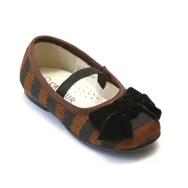 FINAL SALE - L'Amour Girls Brown Striped Linen Canvas Bow Flats