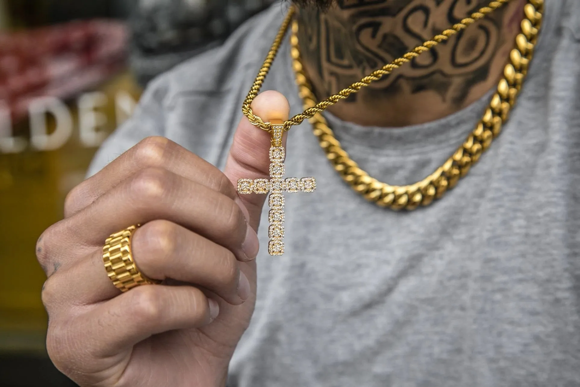 Iced Out 18K Gold Plated Clustered Cross Pendant | Golden Gilt