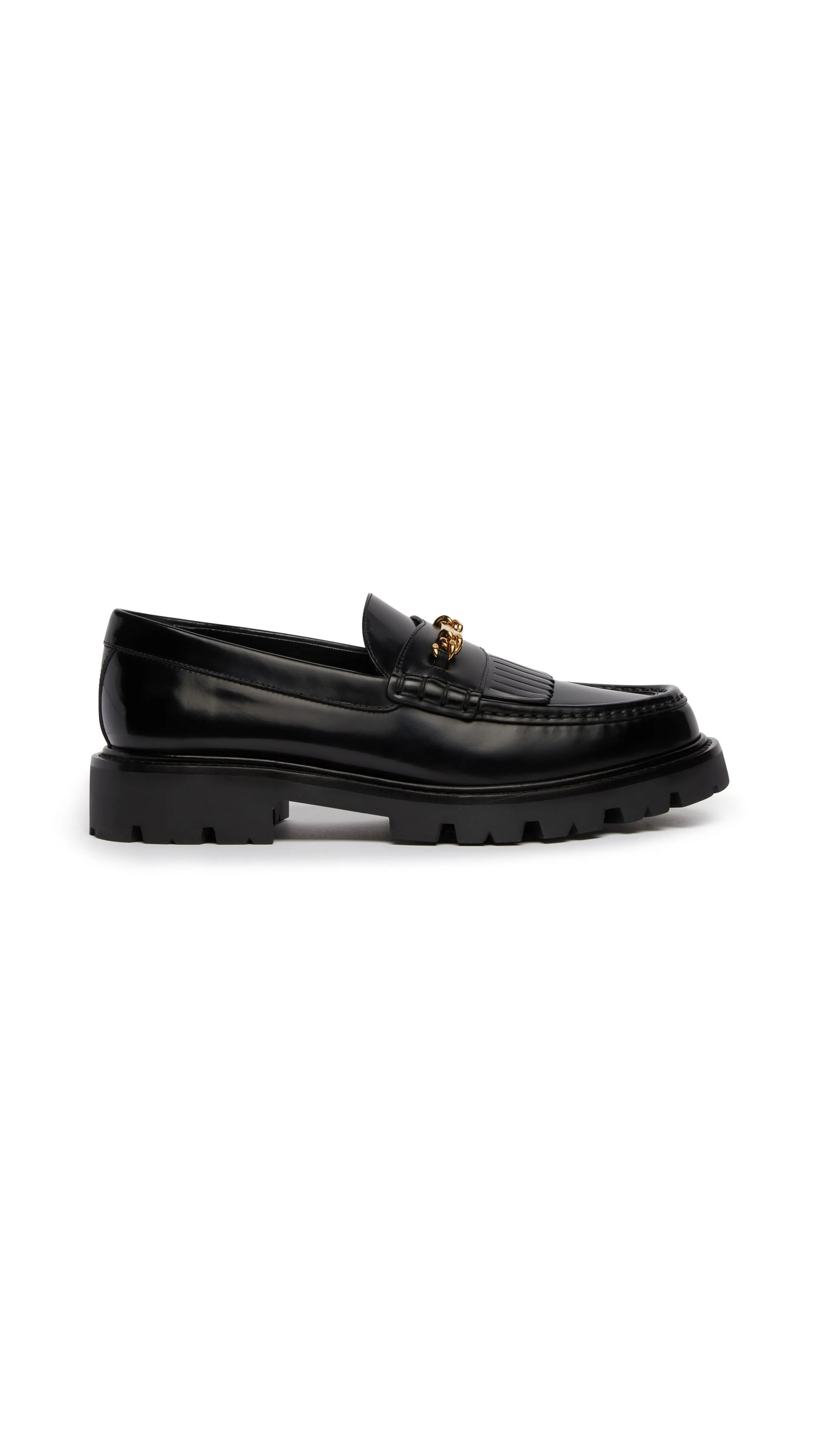 Margaret Chain Plaque Loafers with Fringes in Polished Bullskin - Black