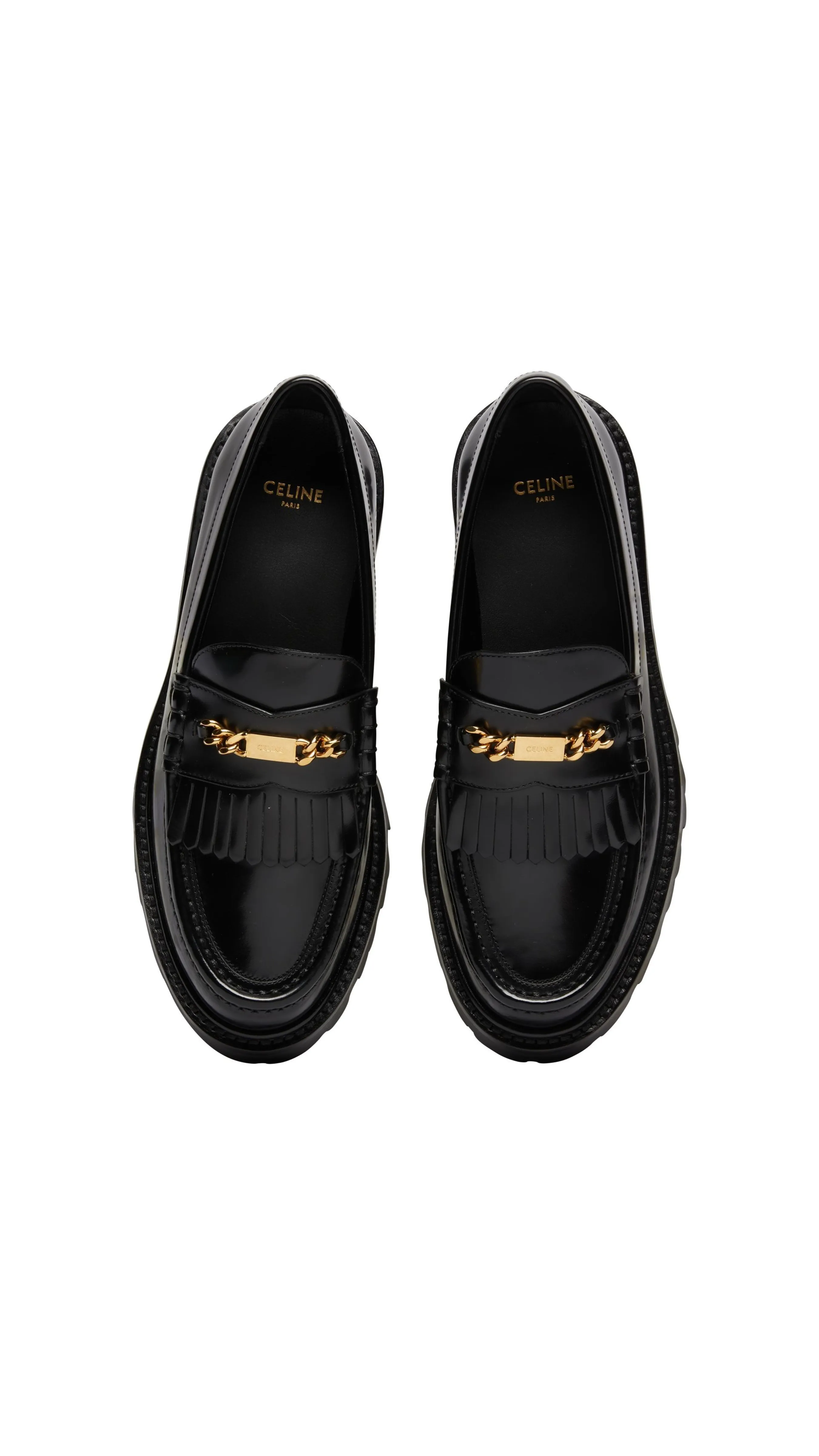 Margaret Chain Plaque Loafers with Fringes in Polished Bullskin - Black