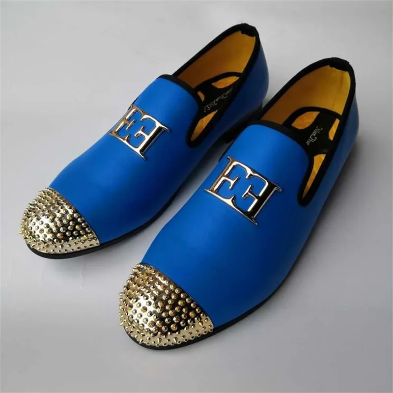 Men's Autumn Blue Synthetic Leather Gold Metal Toe Casual Loafers