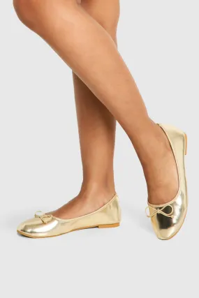 Metallic Bow Round Toe Ballet Flats