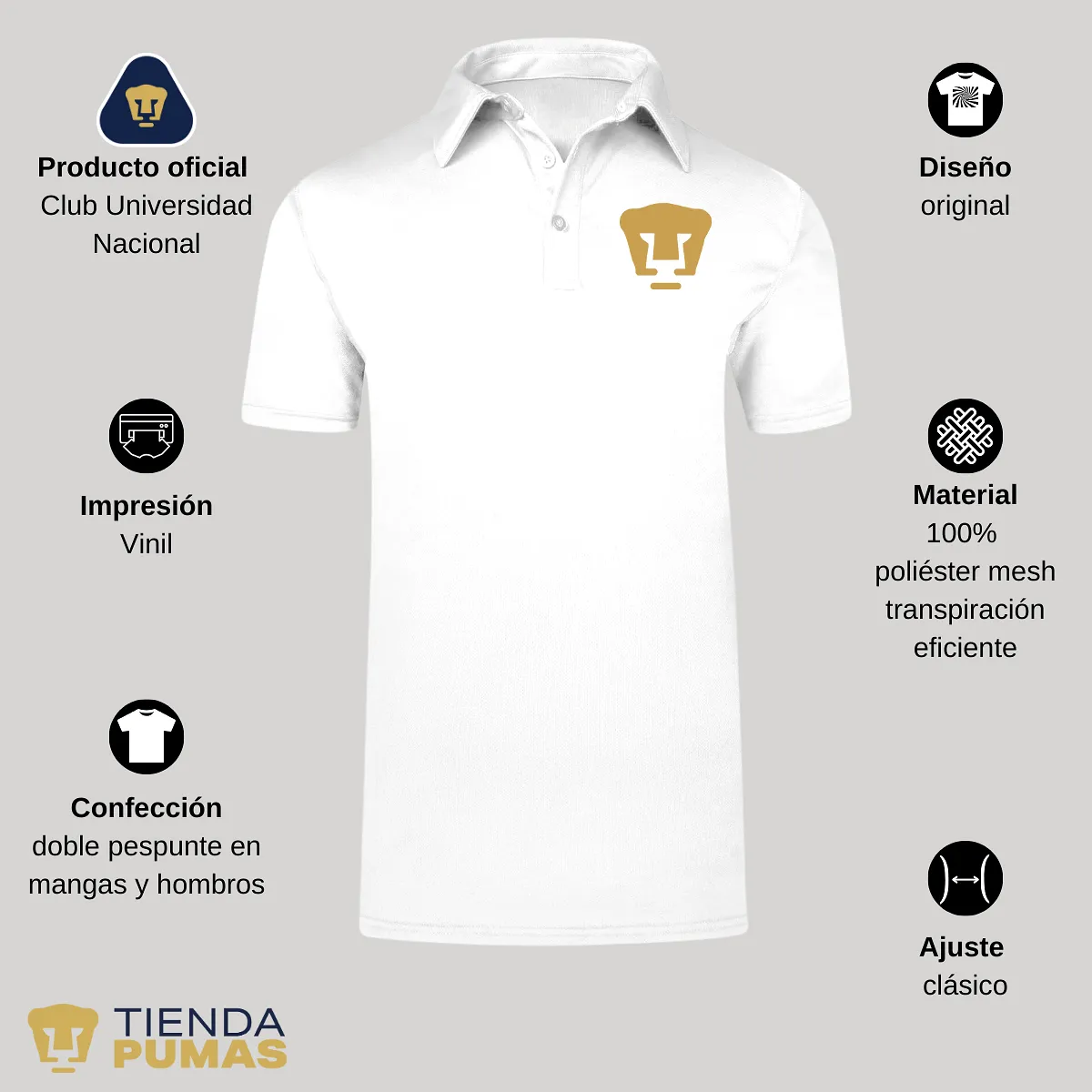 Playera Tipo Polo Hombre Pumas UNAM Logo Dorado