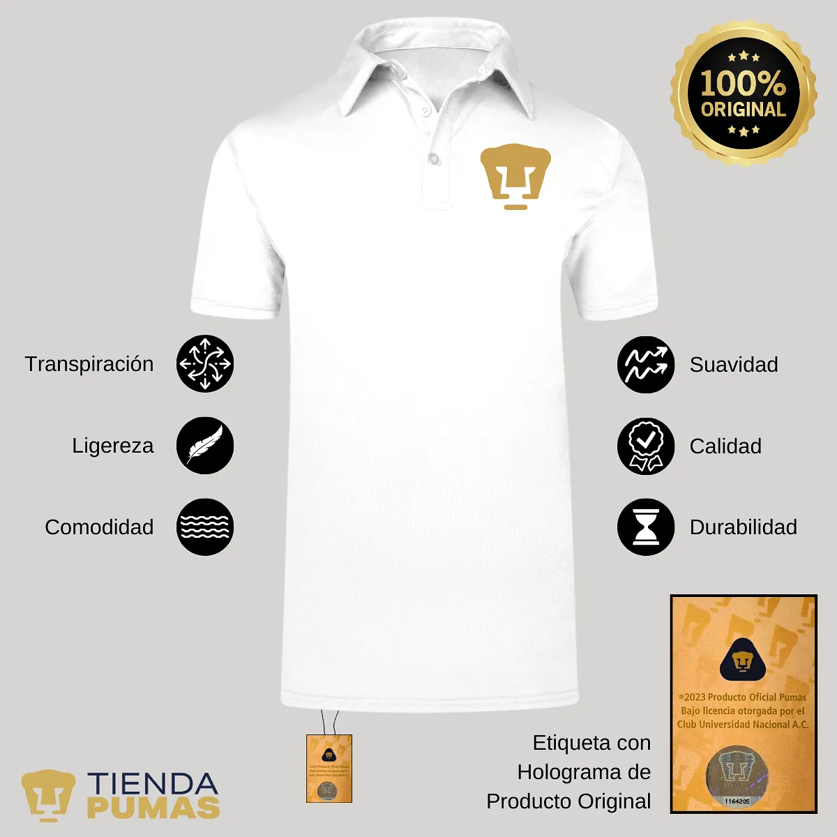 Playera Tipo Polo Hombre Pumas UNAM Logo Dorado