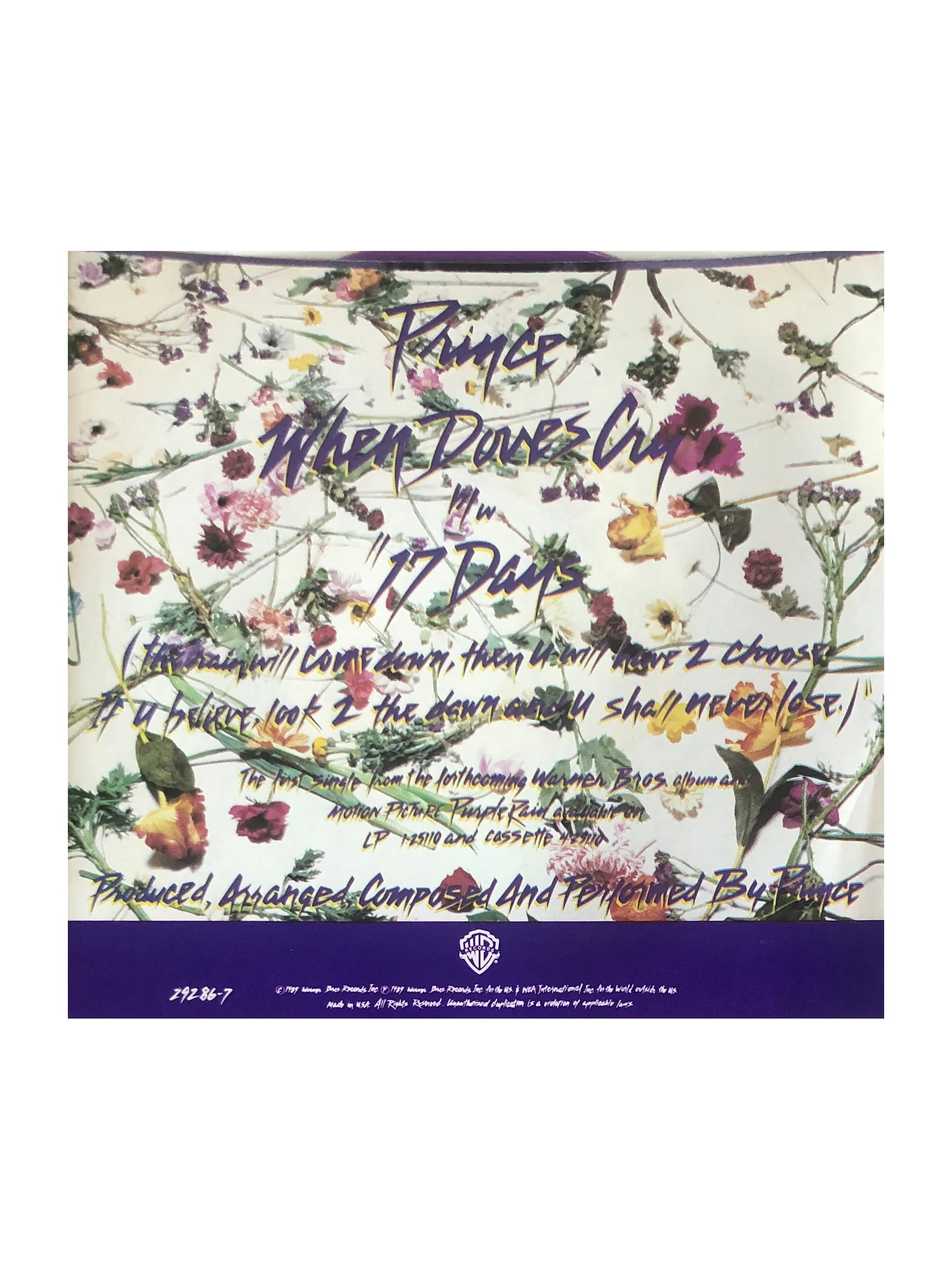 Prince - When Doves Cry / When Doves Cry 7 Inch USA Single PURPLE Vinyl Promo : 1984