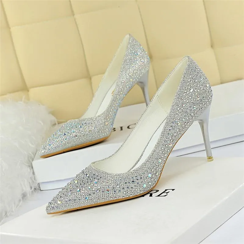 Women's 7cm Bling Gold White Crystal High Heel Pumps for Wedding