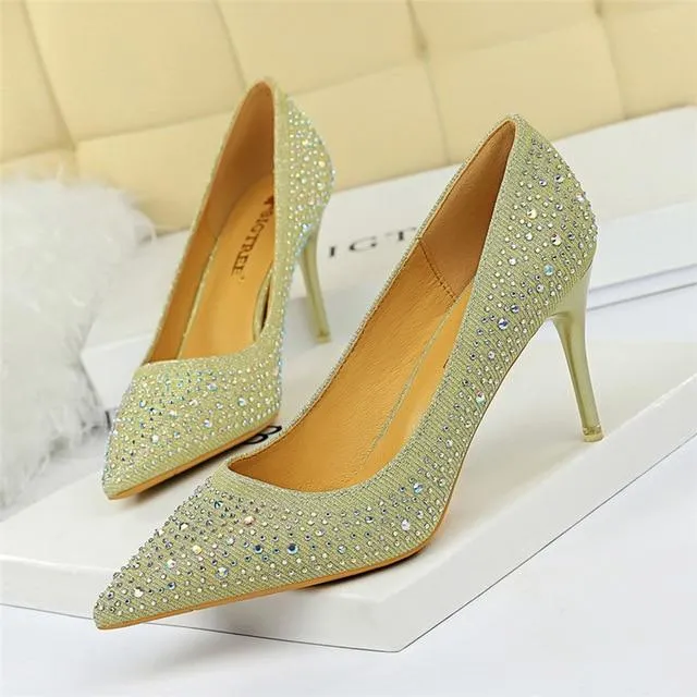 Women's 7cm Bling Gold White Crystal High Heel Pumps for Wedding