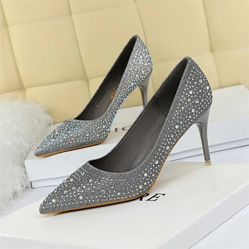 Women's 7cm Bling Gold White Crystal High Heel Pumps for Wedding