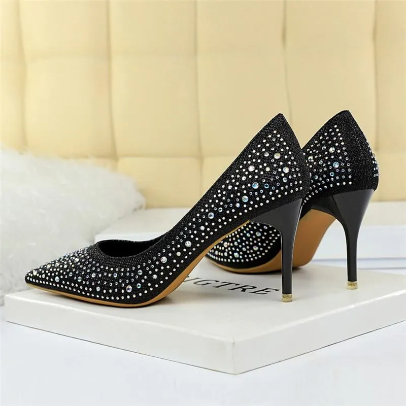 Women's 7cm Bling Gold White Crystal High Heel Pumps for Wedding