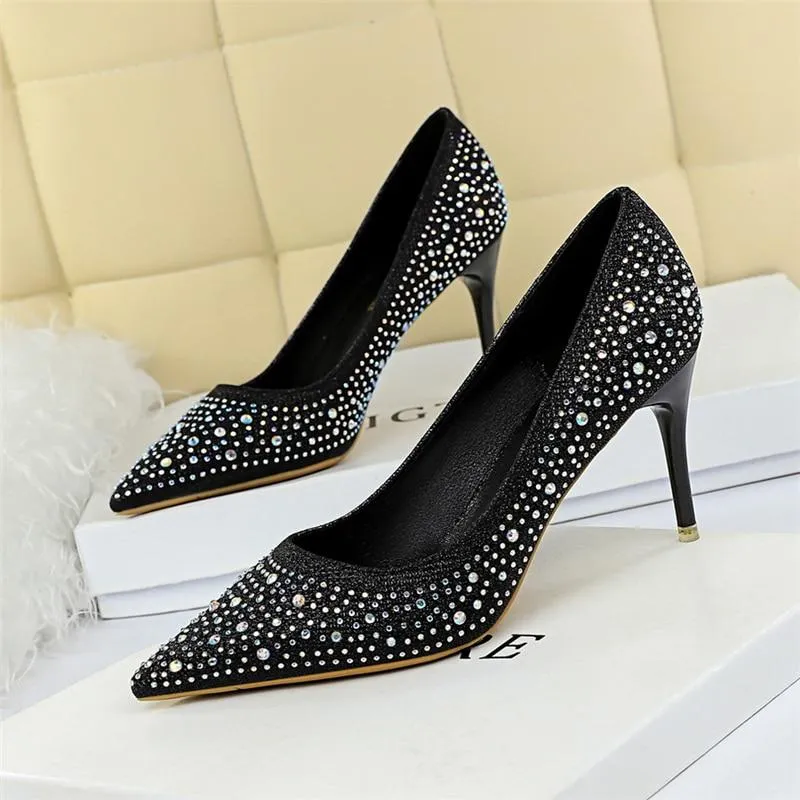 Women's 7cm Bling Gold White Crystal High Heel Pumps for Wedding