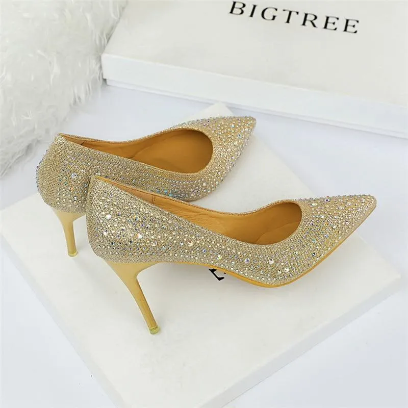 Women's 7cm Bling Gold White Crystal High Heel Pumps for Wedding