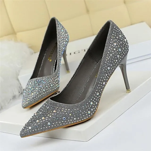 Women's 7cm Bling Gold White Crystal High Heel Pumps for Wedding