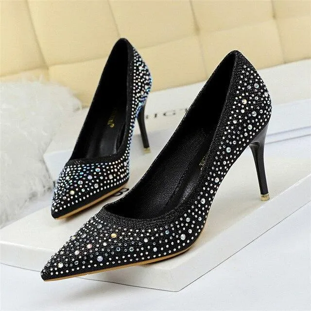 Women's 7cm Bling Gold White Crystal High Heel Pumps for Wedding