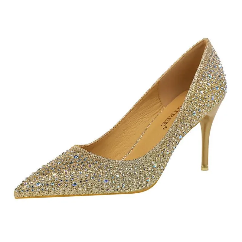 Women's 7cm Bling Gold White Crystal High Heel Pumps for Wedding