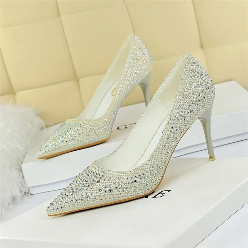 Women's 7cm Bling Gold White Crystal High Heel Pumps for Wedding