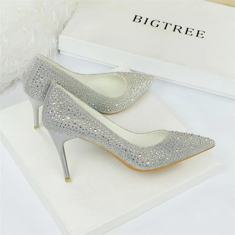 Women's 7cm Bling Gold White Crystal High Heel Pumps for Wedding